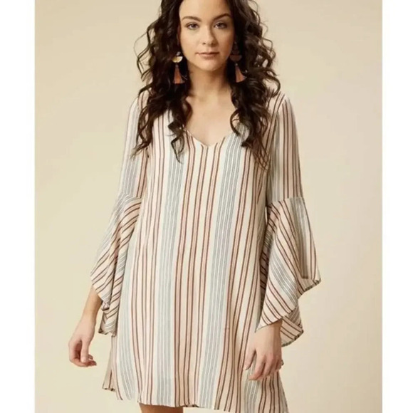 Altar'd State Women's Small Multicolor Long‎ Bell Sleeve V-Neck Striped Dress - Picture 1 of 8